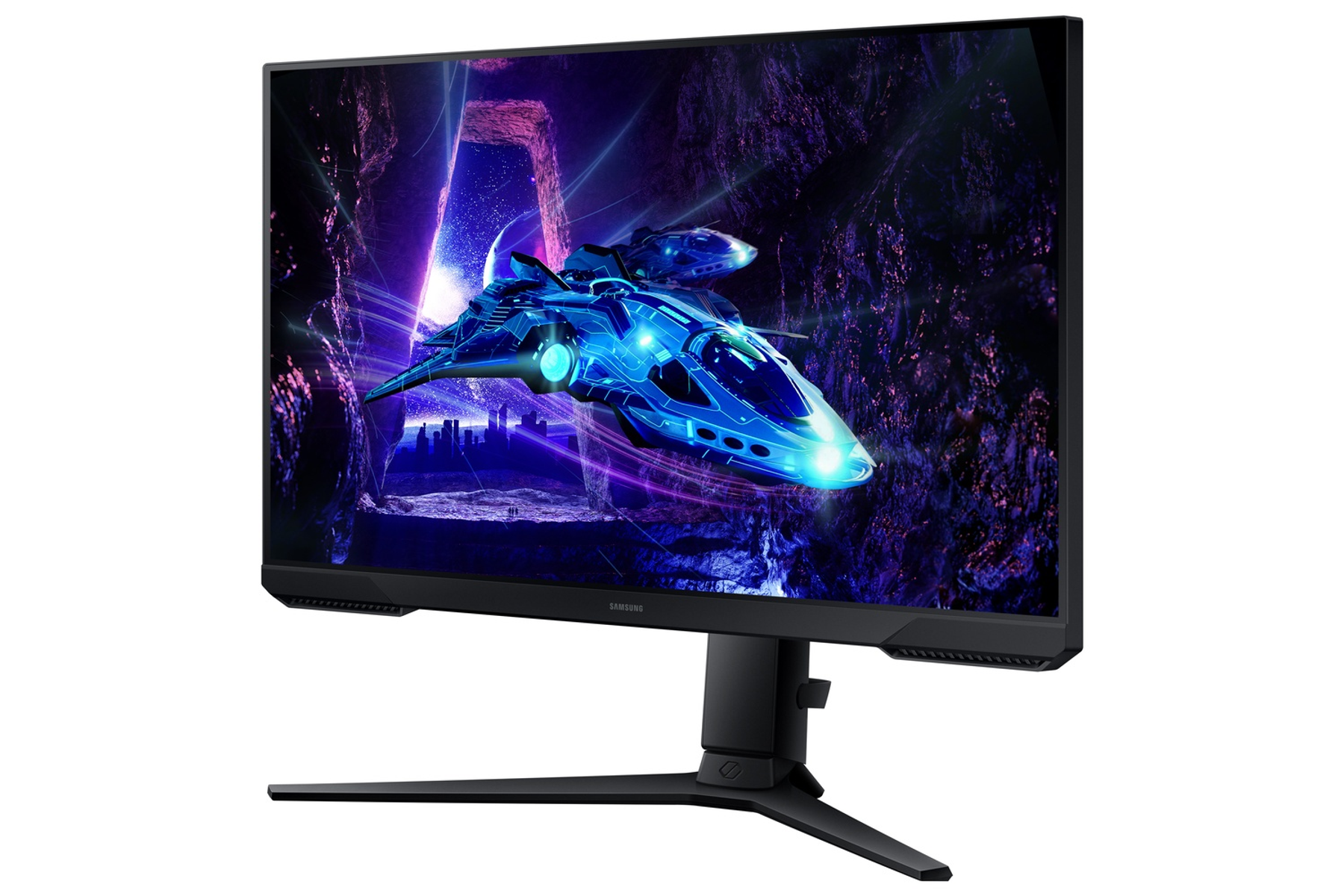 Monitor negro mostrando una escena de nave espacial en un entorno futurista y espacial.