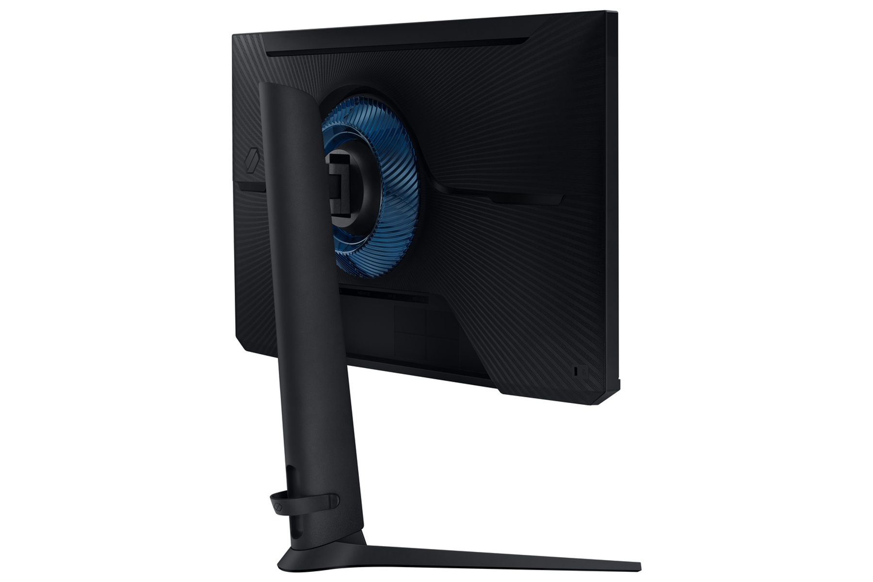 Vista trasera de un monitor negro con soporte y acento azul.