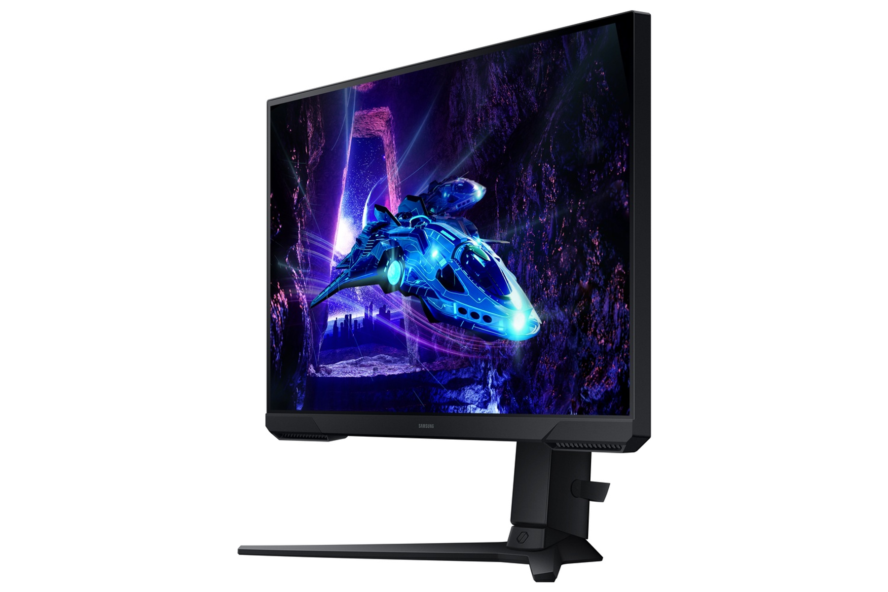 Un monitor de computadora muestra una escena espacial con una nave espacial. Tiene un soporte negro y un fondo blanco.