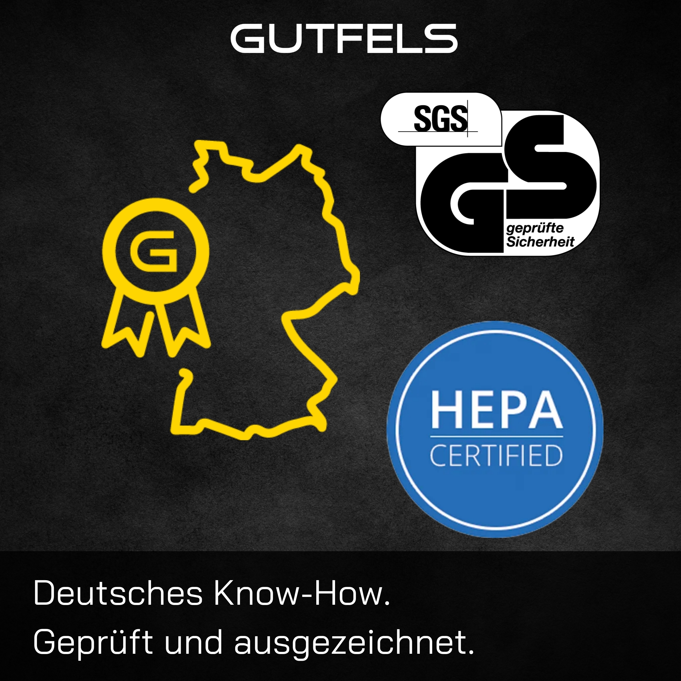 Gelber Umriss Deutschlands, SGS- und HEPA-Logos, Text: Deutsches Know-how, geprüft.