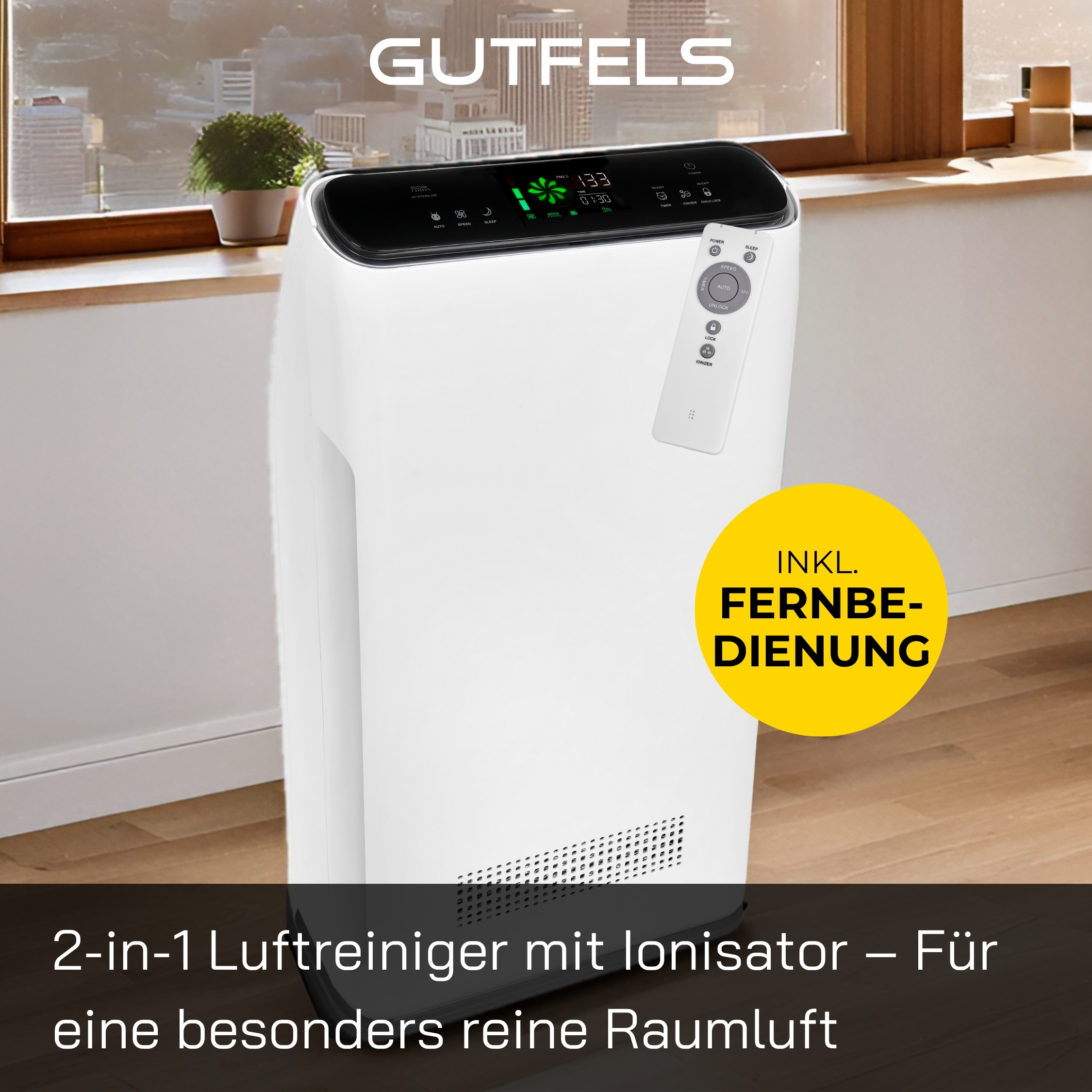 Weißer Luftreiniger mit Digitalanzeige und Fernbedienung. Text auf dem Gerät lautet 'Gutfels'.