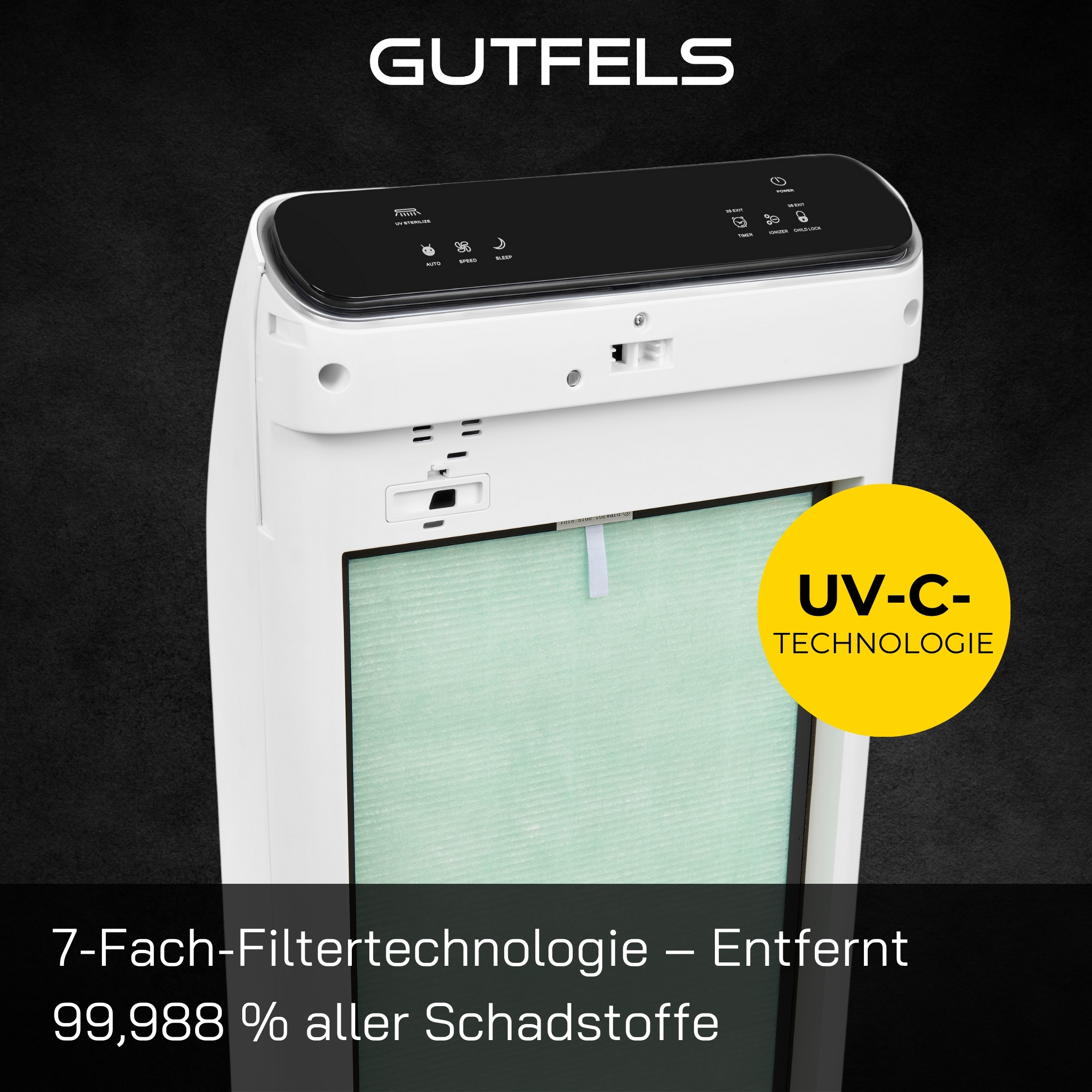 Weißer Luftreiniger mit Filter und UV-C Technologie-Label.