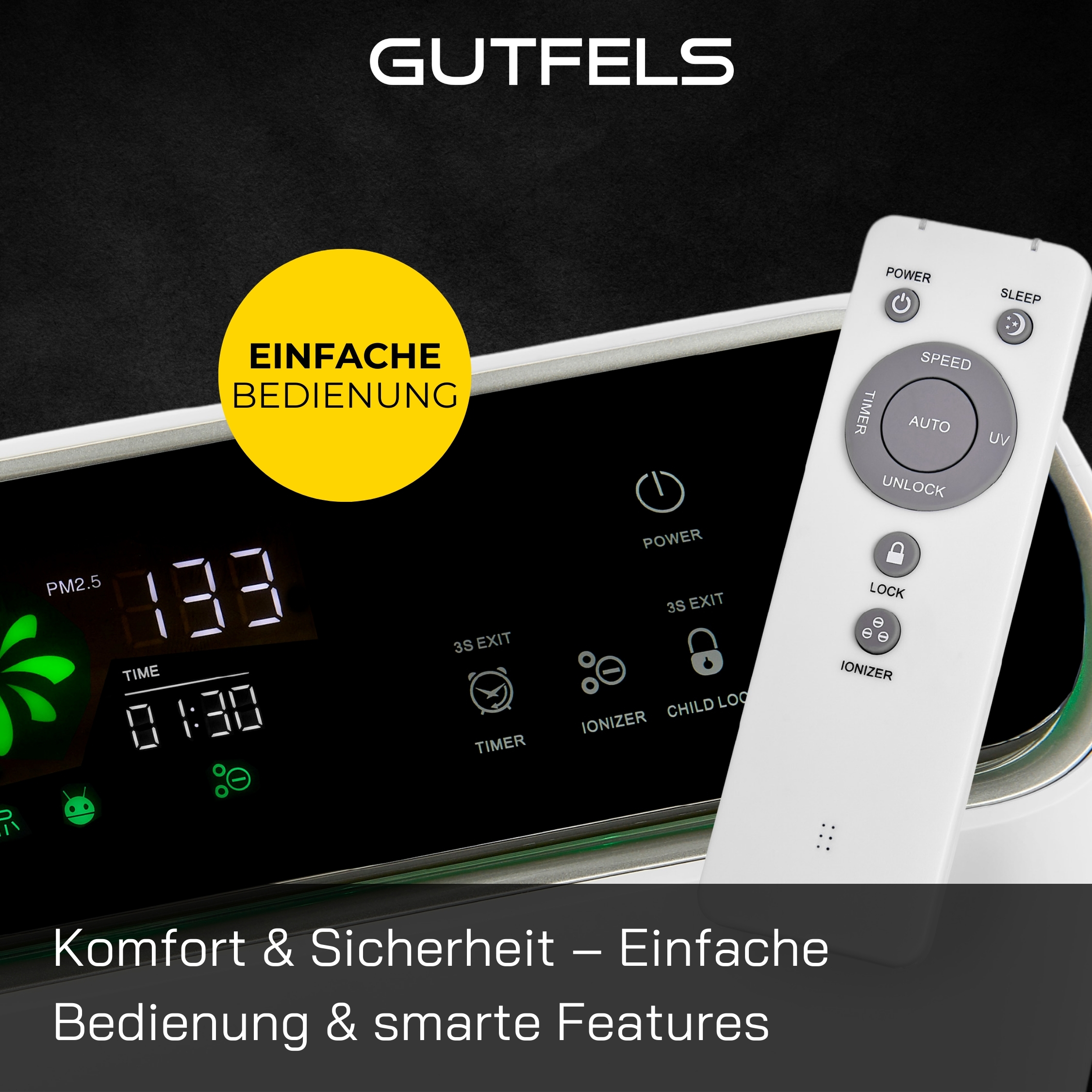 Weißer Luftreiniger mit Fernbedienung, Digitalanzeige und Text unten.