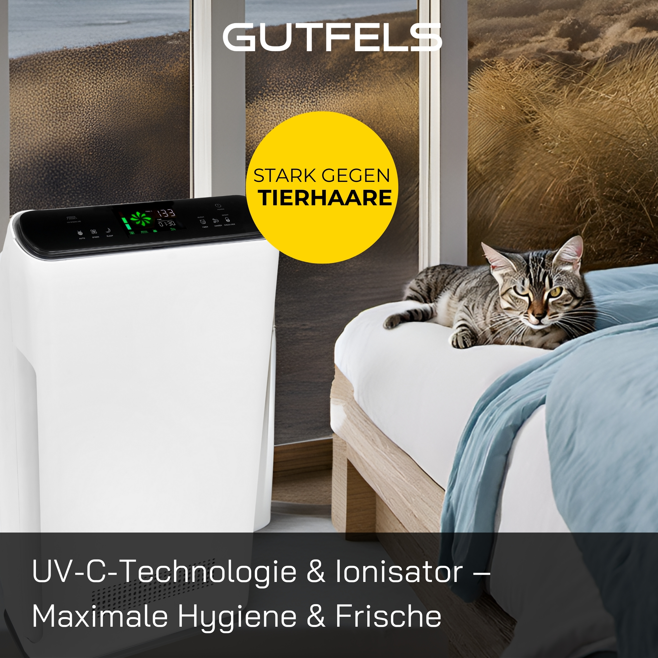 Ein weißer Luftreiniger mit Katze auf dem Bett. Text zeigt, dass er Tierhaare bekämpft.