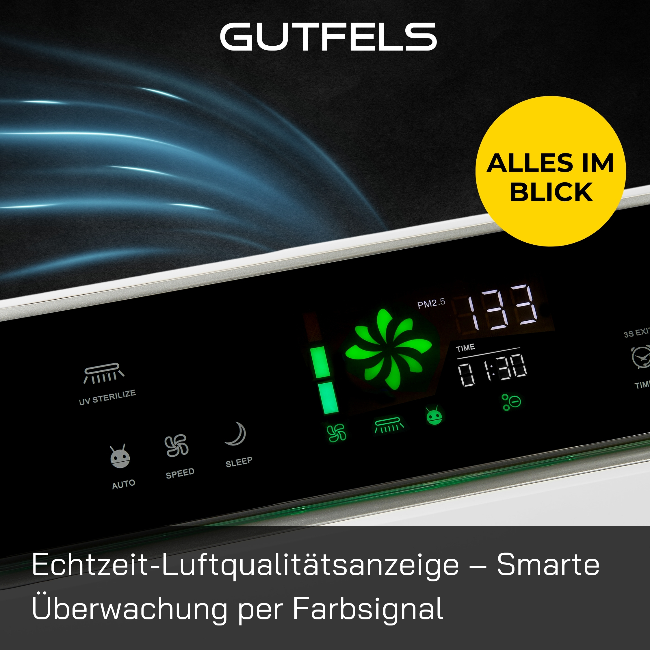 Bedienfeld für Luftreiniger mit Digitalanzeige, die Zahlen und grüne Lichter anzeigt.