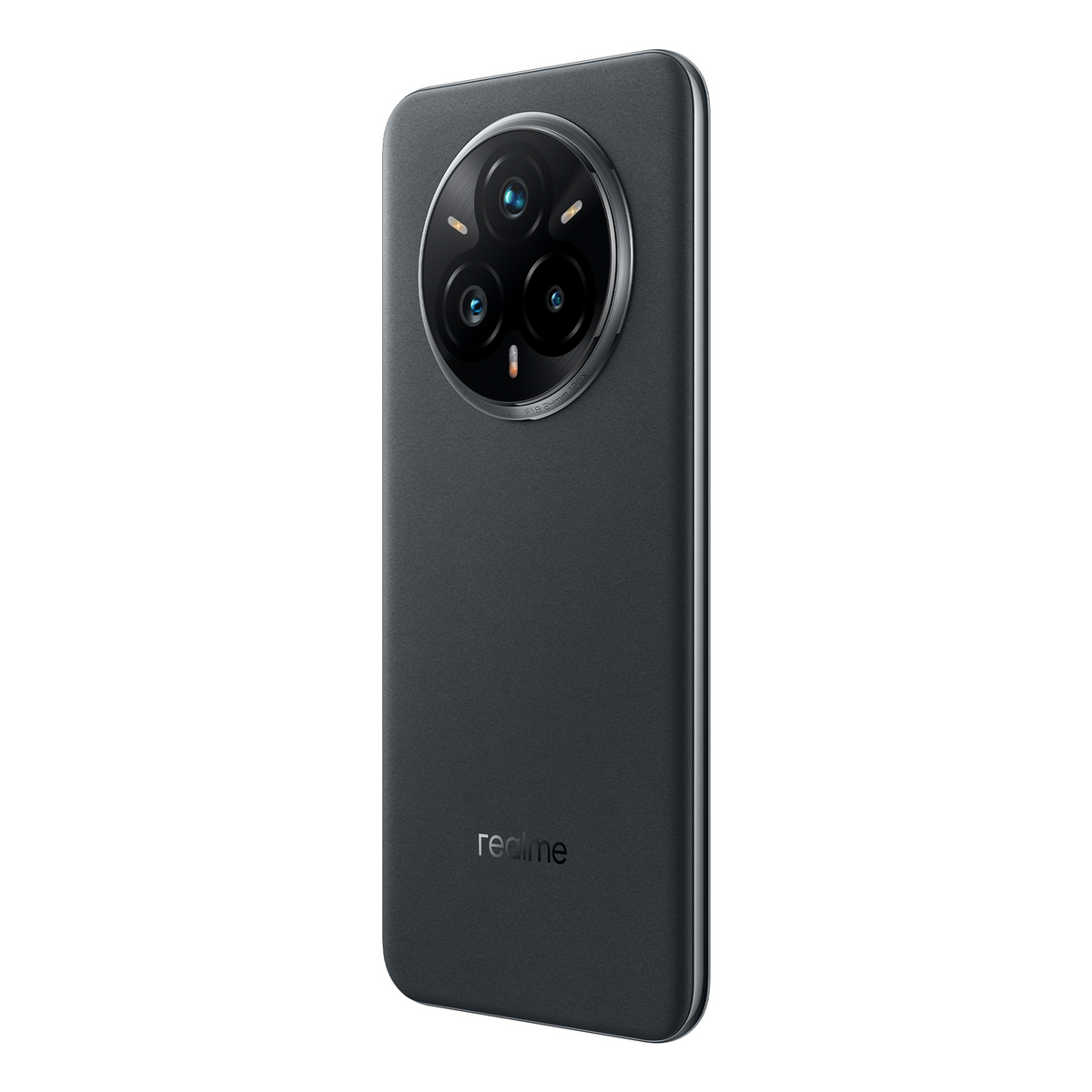 Un teléfono gris oscuro con tres cámaras en la parte trasera.