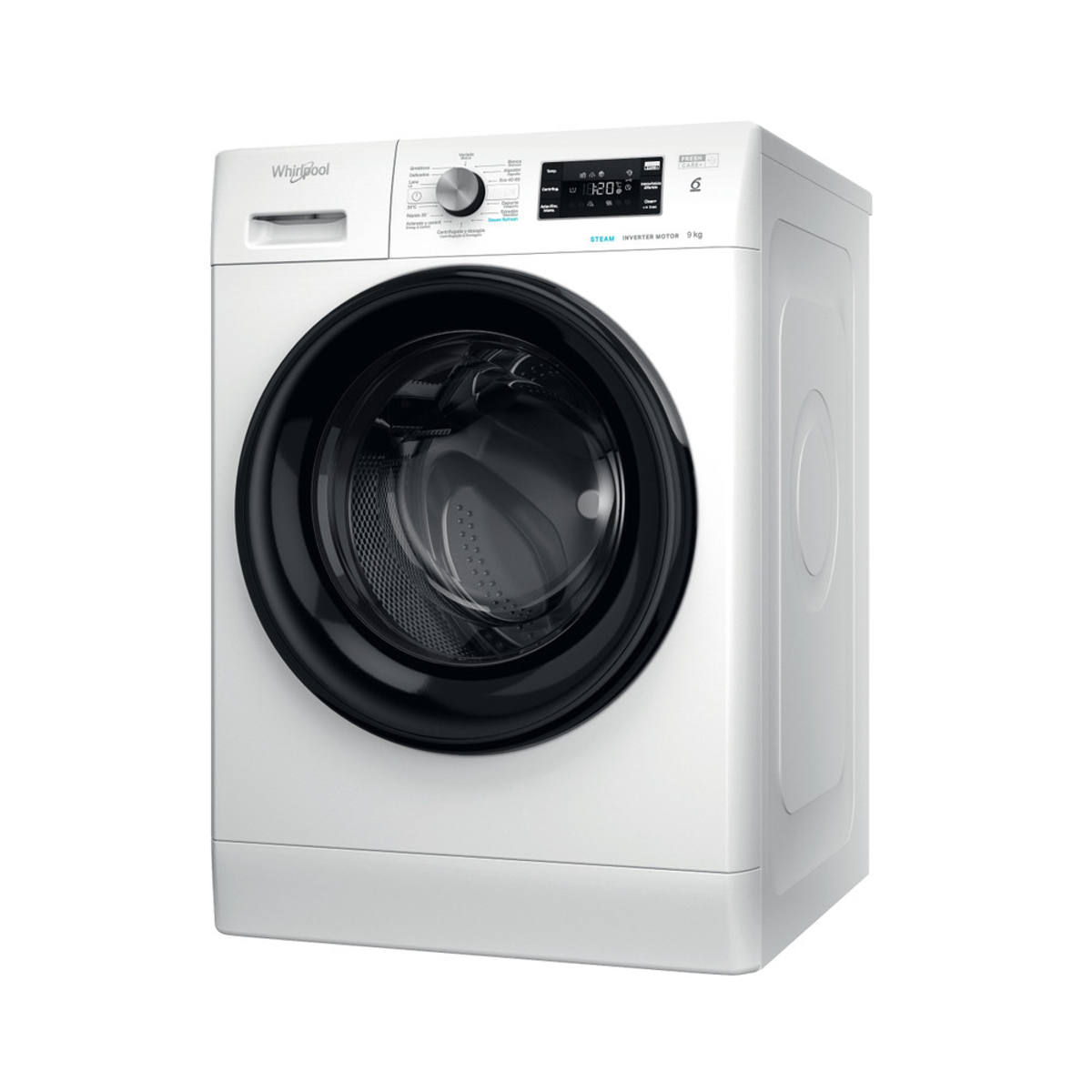 Una lavadora Whirlpool blanca sobre un fondo blanco. Tiene una puerta negra y una pantalla digital.