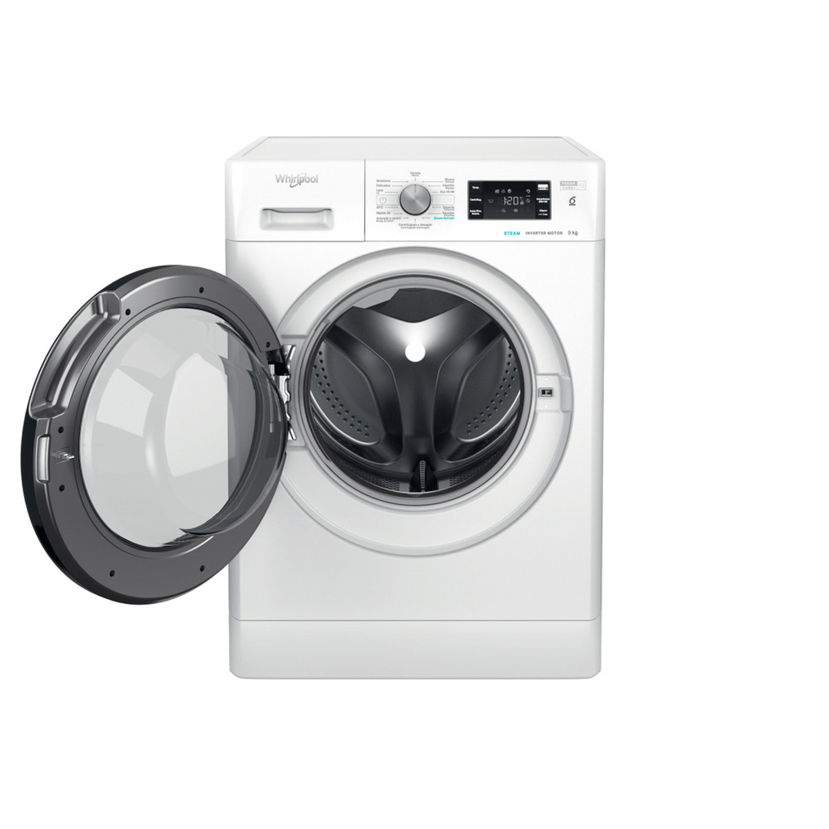 Una lavadora Whirlpool blanca con la puerta abierta, mostrando el tambor.
