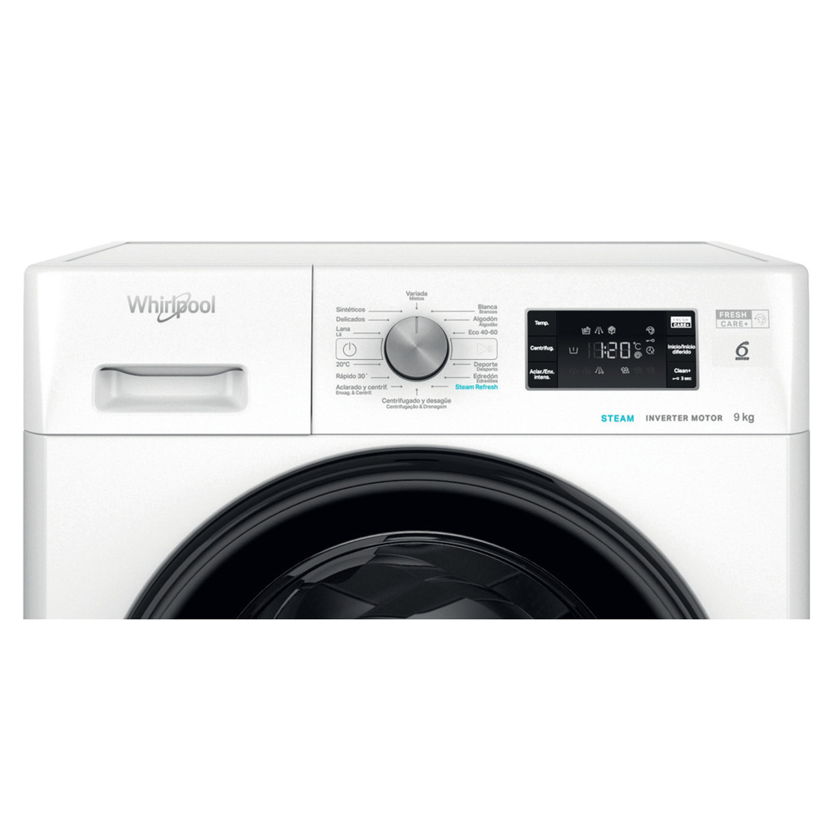 Panel de control blanco de lavadora Whirlpool. Tiene un dial, una pantalla y varios botones.