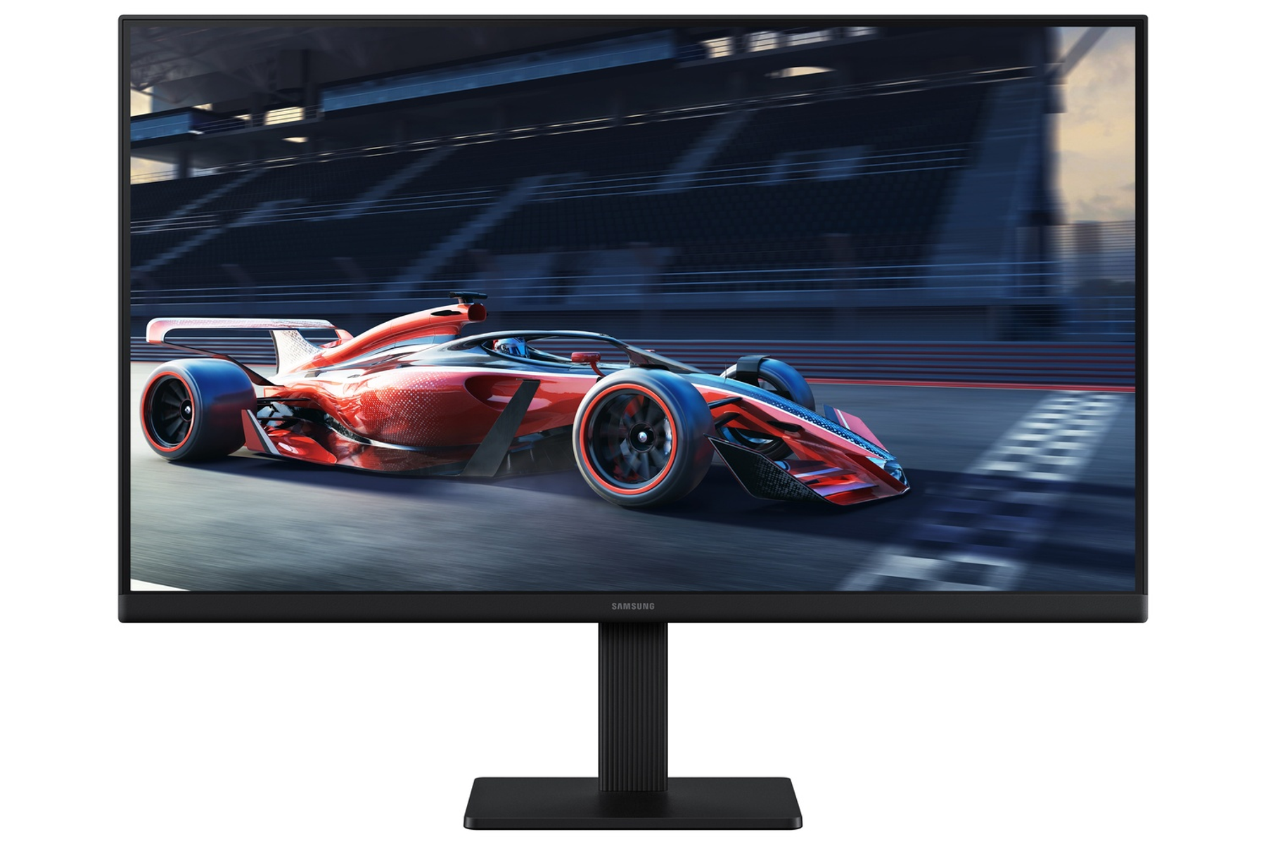 Monitor que muestra un coche de carreras rojo en una pista.
