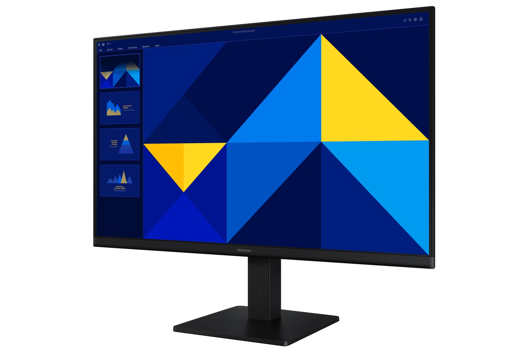 Monitor de computadora negro con soporte negro. La pantalla muestra un gráfico azul y amarillo.