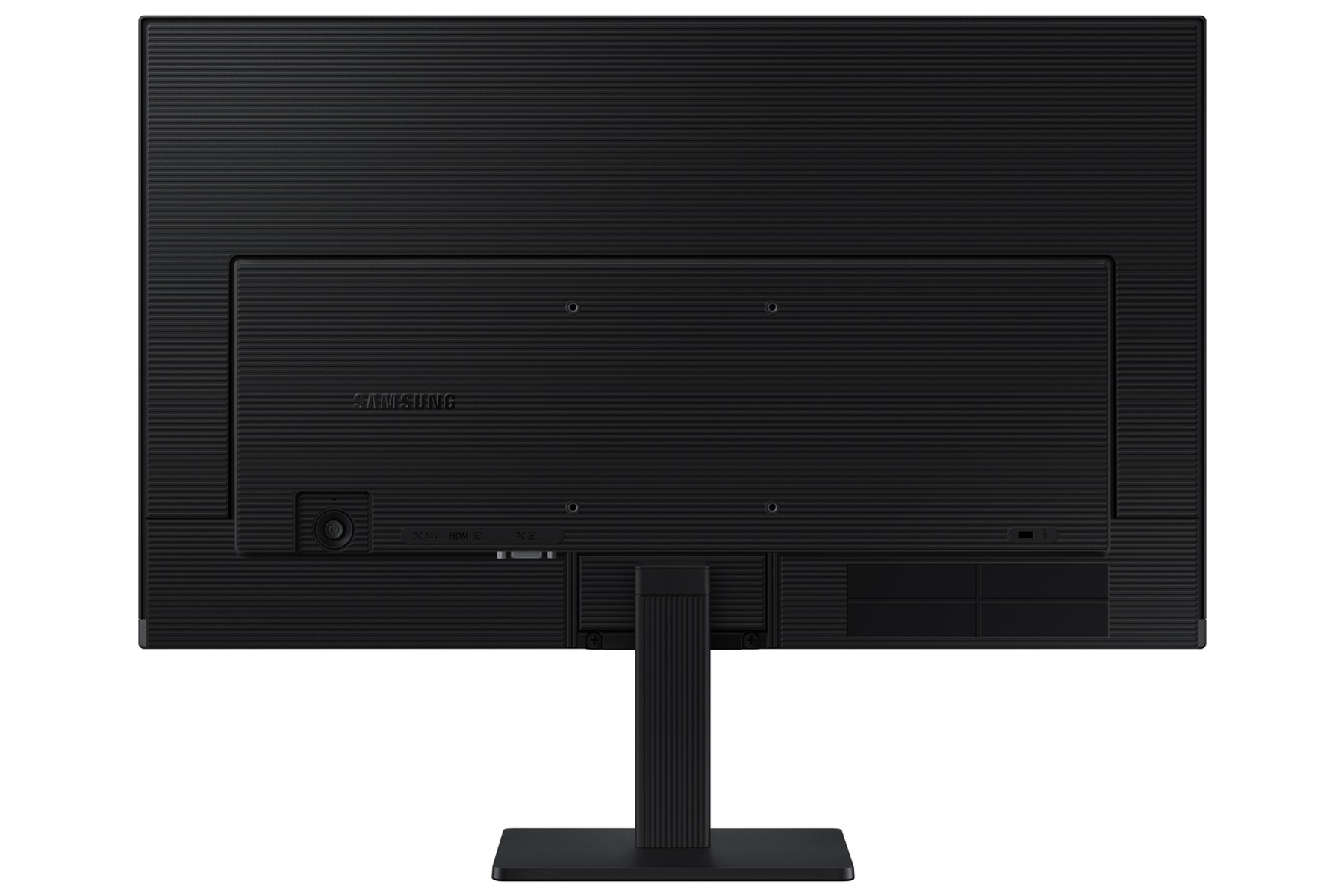 Parte trasera de monitor negro con logo Samsung, varios puertos y soporte.