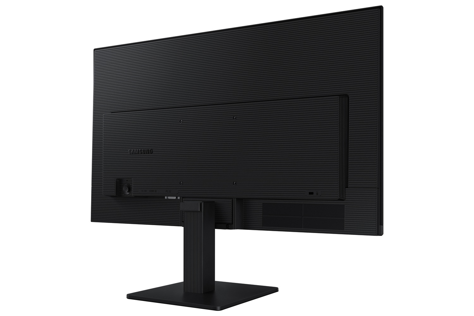 La parte trasera de un monitor de computadora negro sobre un soporte negro. El monitor tiene puertos y orificios de ventilación.
