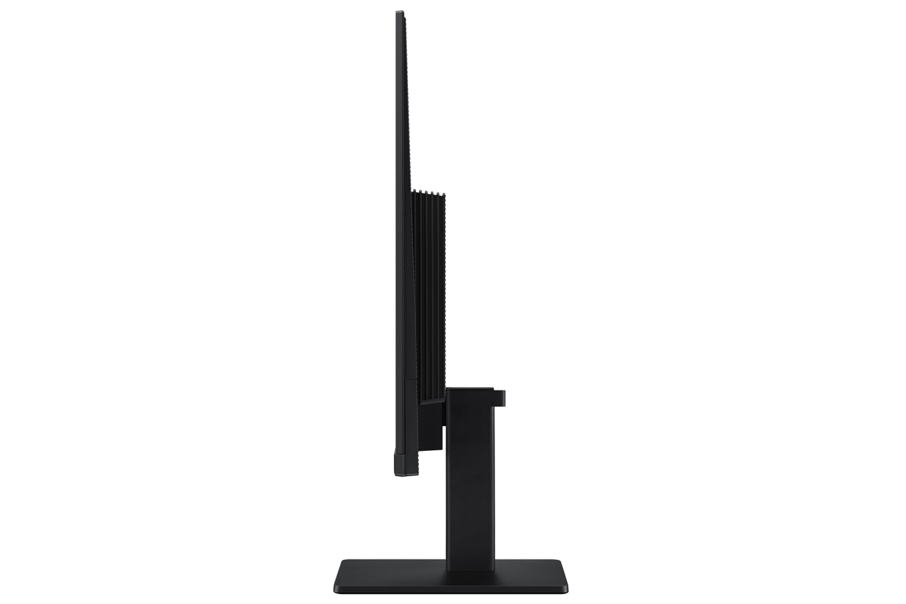 Monitor de ordenador negro, vista lateral, con soporte, aislado sobre blanco.