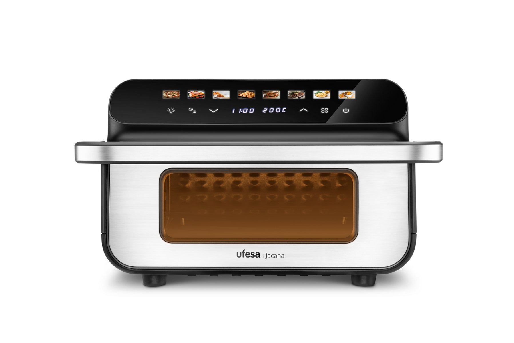 Forno Ufesa Jacana con display digitale, design acciaio inossidabile e nero, sfondo bianco.