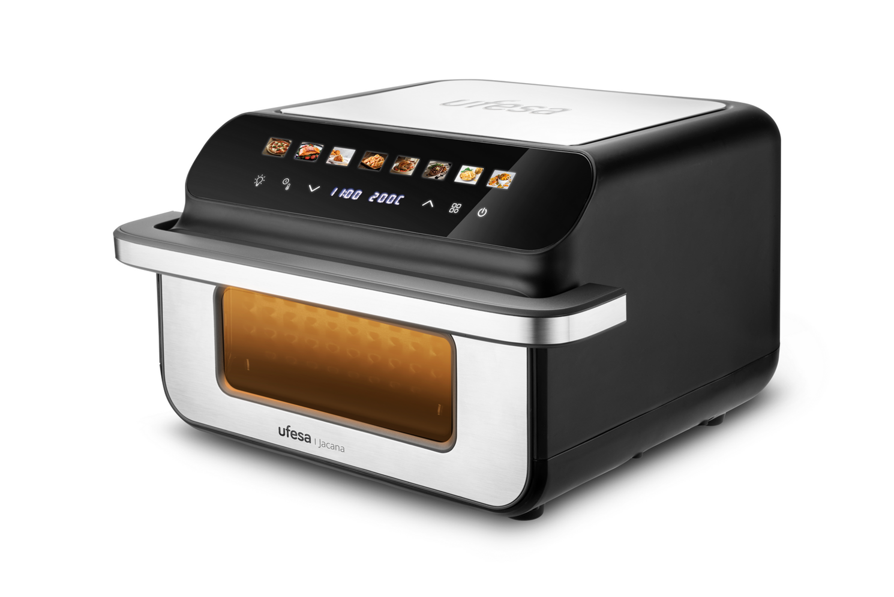 Friggitrice ad aria nera con display digitale e maniglia. Il marchio Ufesa è visibile, con cibo all'interno.
