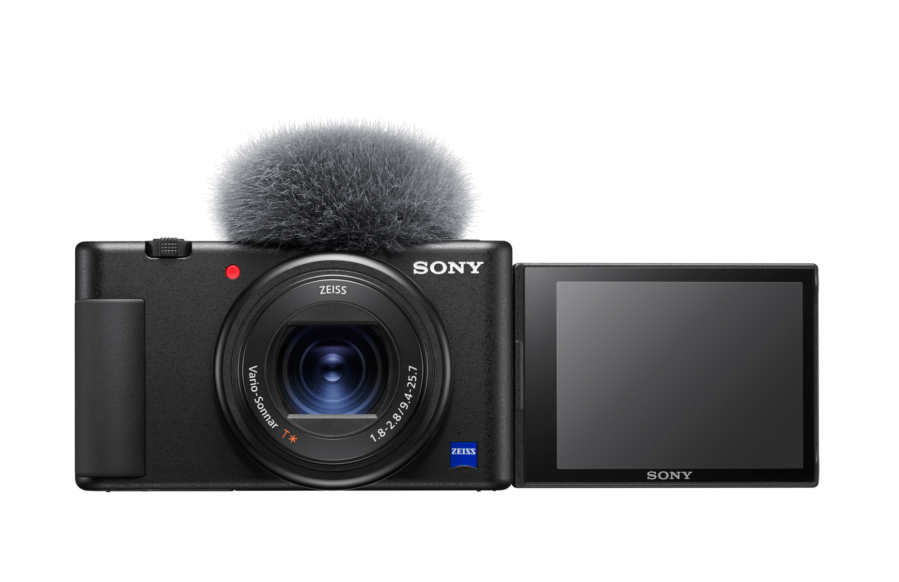 Zwarte Sony camera met microfoon erbovenop. Scherm is open, naar buiten gericht. Witte achtergrond.