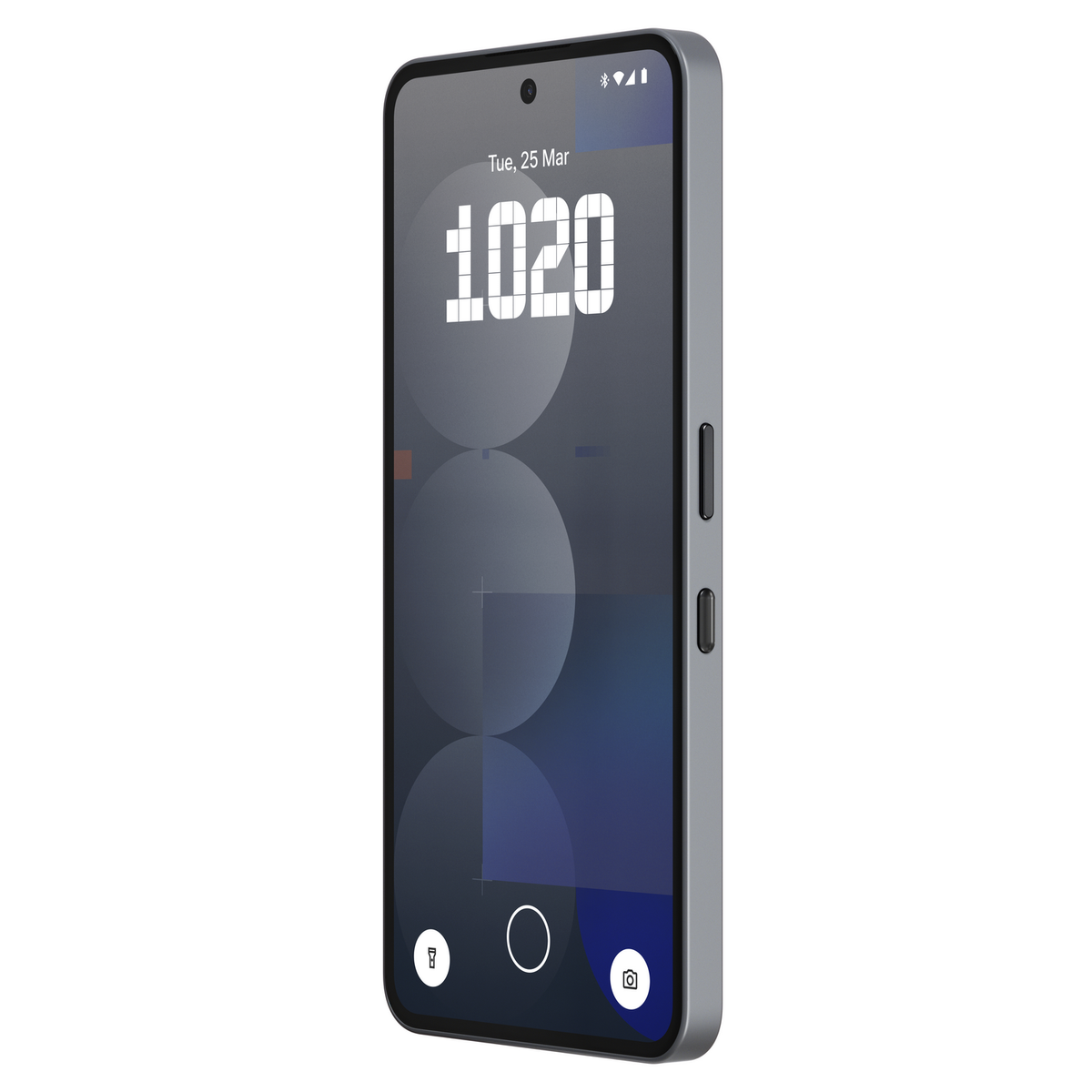 Szary smartfon pokazuje godzinę i interfejs aparatu. Jest ustawiony pod kątem i ma ciemne tło.