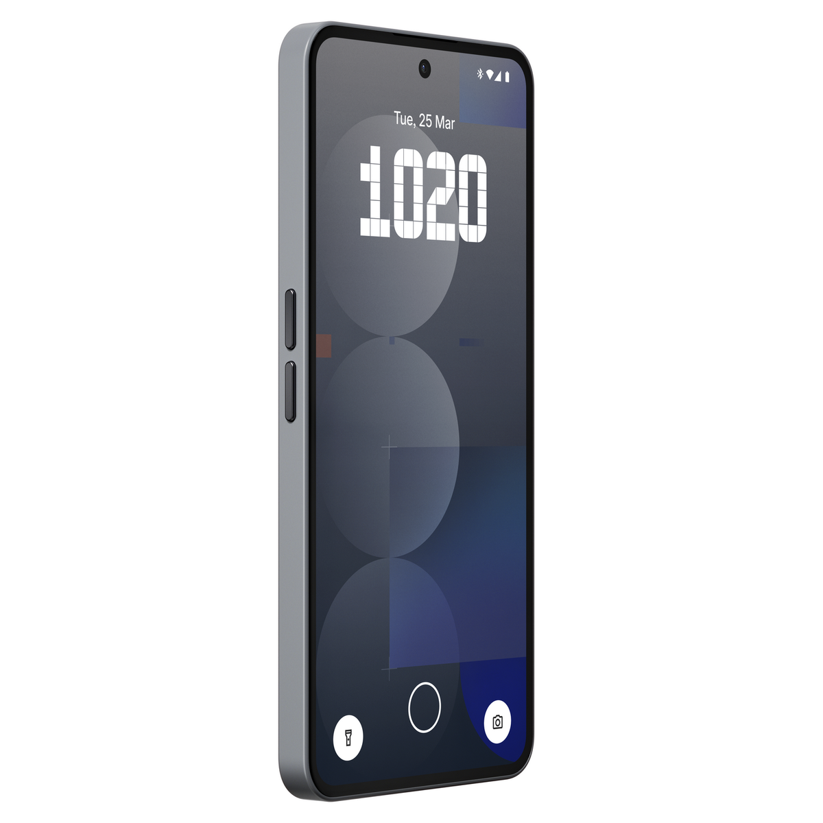 Szary smartfon z ekranem wyświetlającym czas i interfejs aparatu.