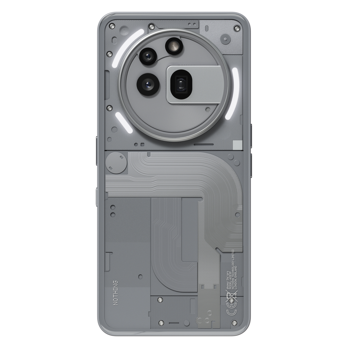 Parte trasera de un teléfono gris con diseño transparente. Módulo de cámara circular, partes internas visibles.