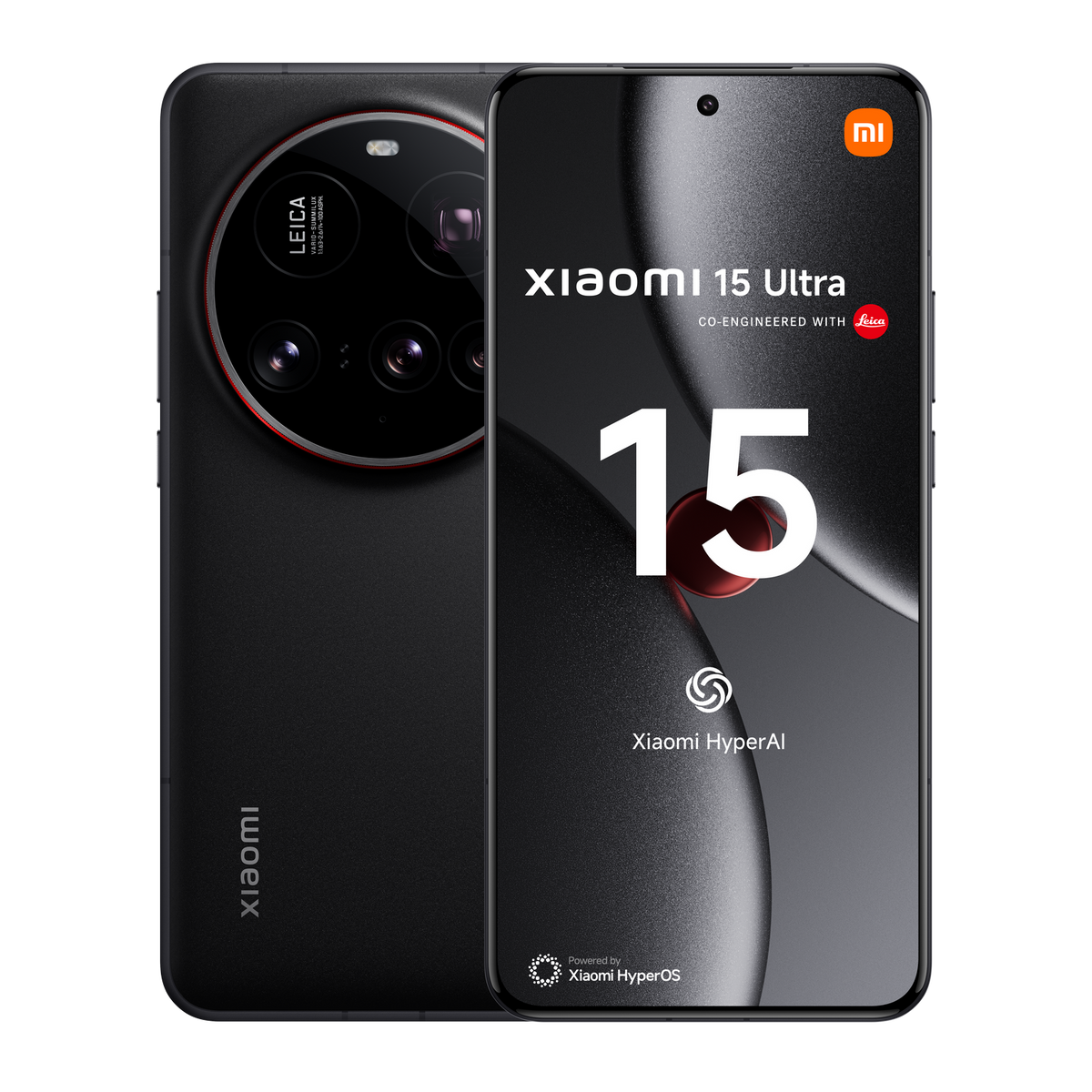 Czarny smartfon z trzema tylnymi aparatami. Tekst: Xiaomi 15 Ultra. Biały tekst na ekranie. Czarne tło.