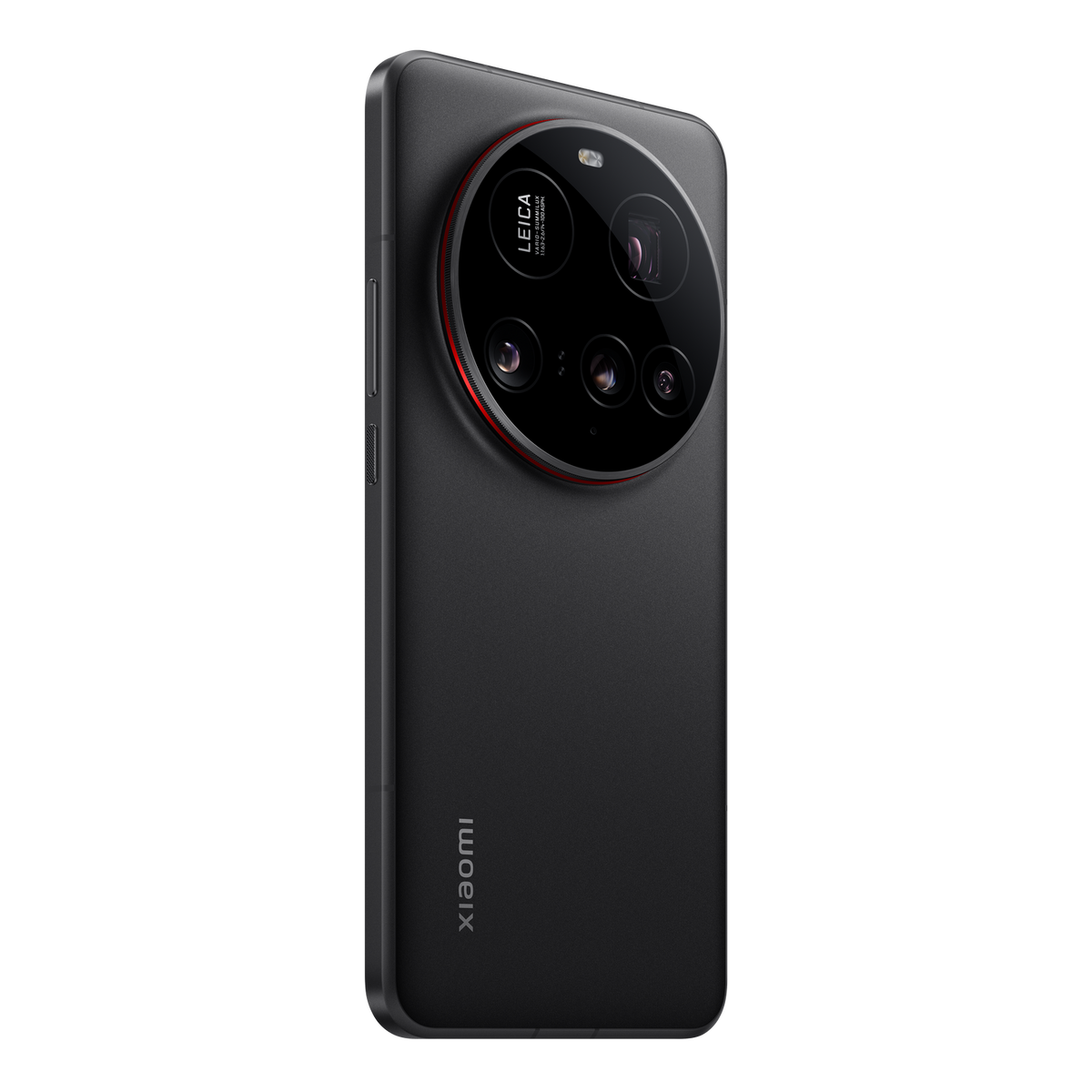 Tył czarnego telefonu z zestawem aparatów i napisem Xiaomi. Jest na czarnym tle.