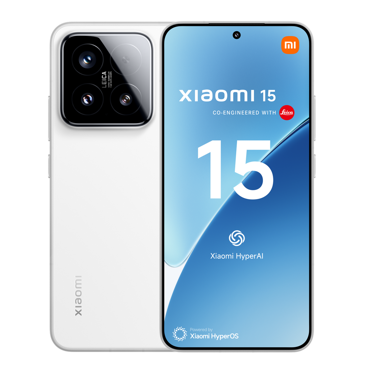 Weißes Xiaomi 15 Telefon mit Leica-Kamera, auf schwarzem Hintergrund. Vorne und hinten.