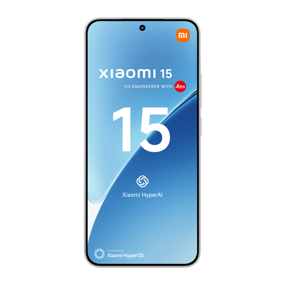Telefon Xiaomi 15 na niebieskim tle gradientowym. Z logo Xiaomi, marką Leica i numerem 15.