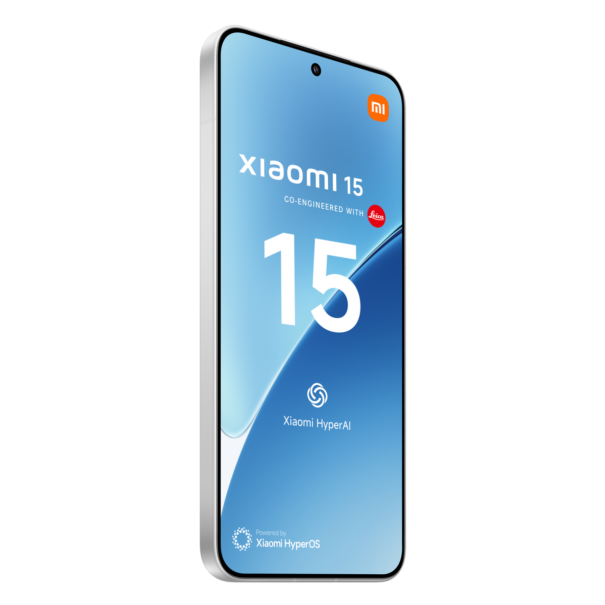 Telefon Xiaomi 15, widok pod kątem. Ekran pokazuje tekst i niebieski design. Srebrna ramka.