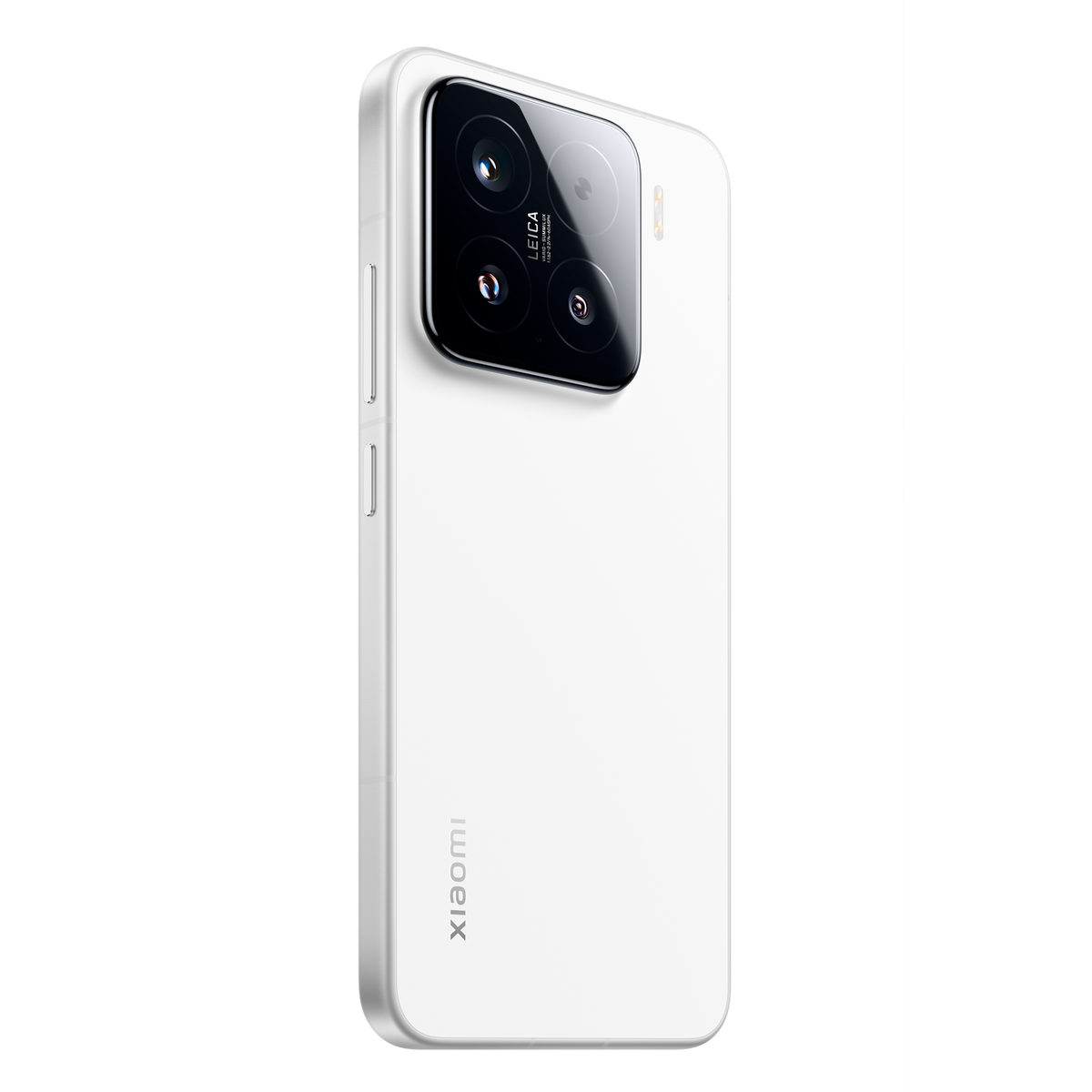 Biały telefon Xiaomi z systemem kamery Leica. Czarny moduł aparatu, biała obudowa. Czarne tło.