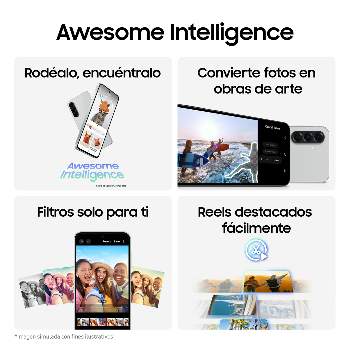 Cztery obrazy z tekstem: Telefon z wyszukiwaniem, zdjęcia na sztukę, filtry i rolki. Niesamowita inteligencja.