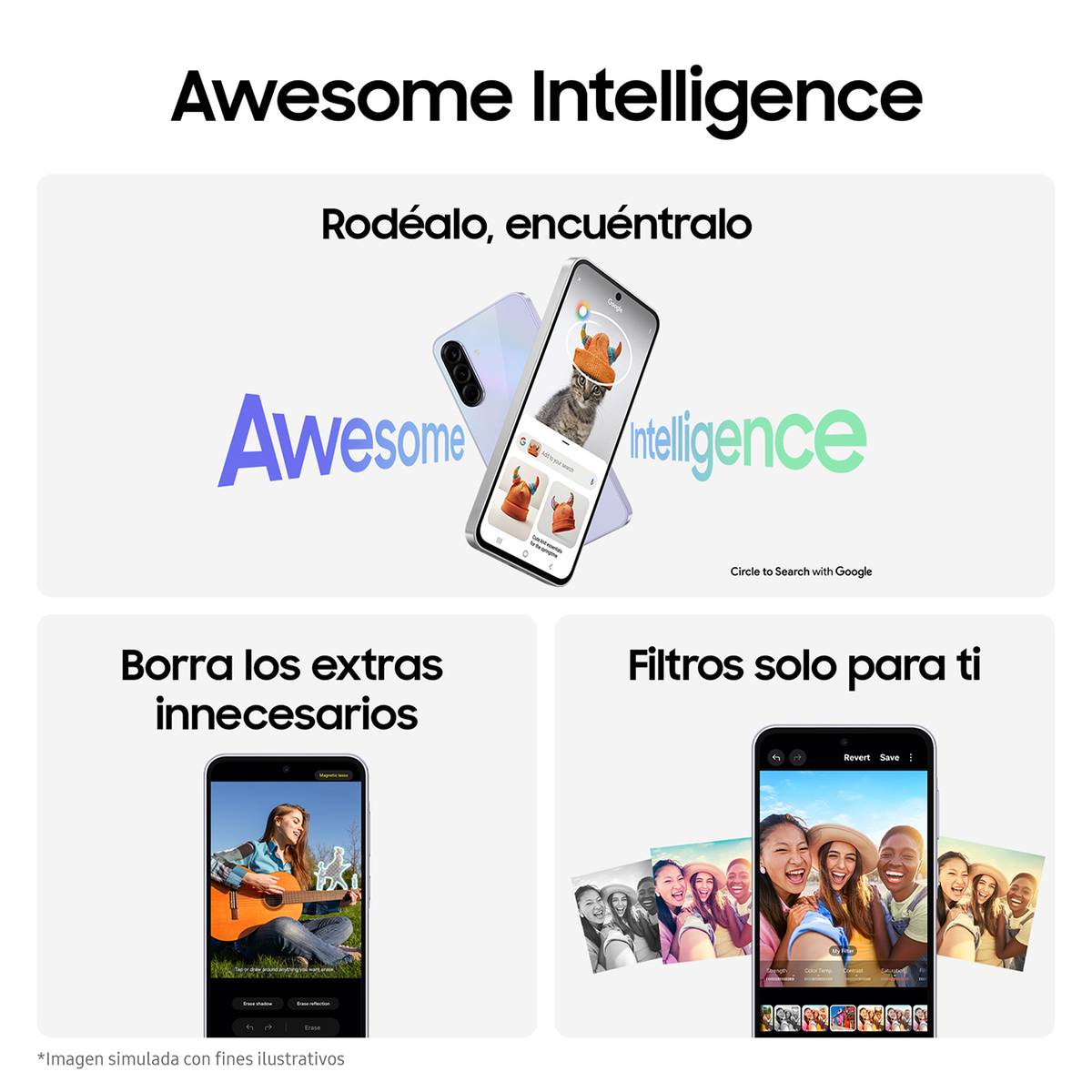 Smartfon z interfejsem edycji zdjęć i tekstem, który mówi 'Awesome Intelligence' po hiszpańsku.