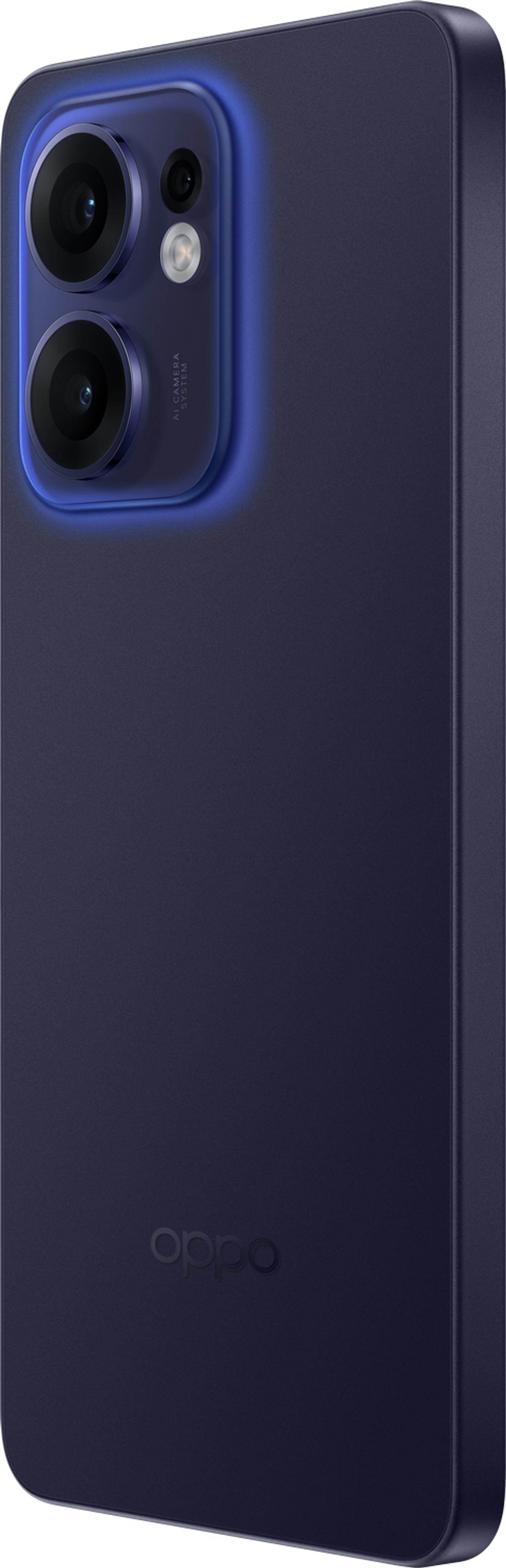 Een donkerblauwe smartphone met meerdere camera's aan de achterkant.