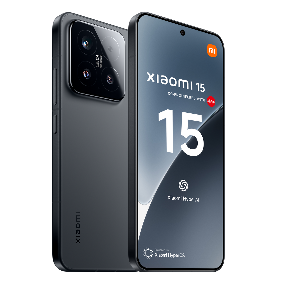 Dwa czarne telefony Xiaomi. Jeden pokazuje ekran z tekstem. Drugi jest po lewej stronie z aparatem Leica.