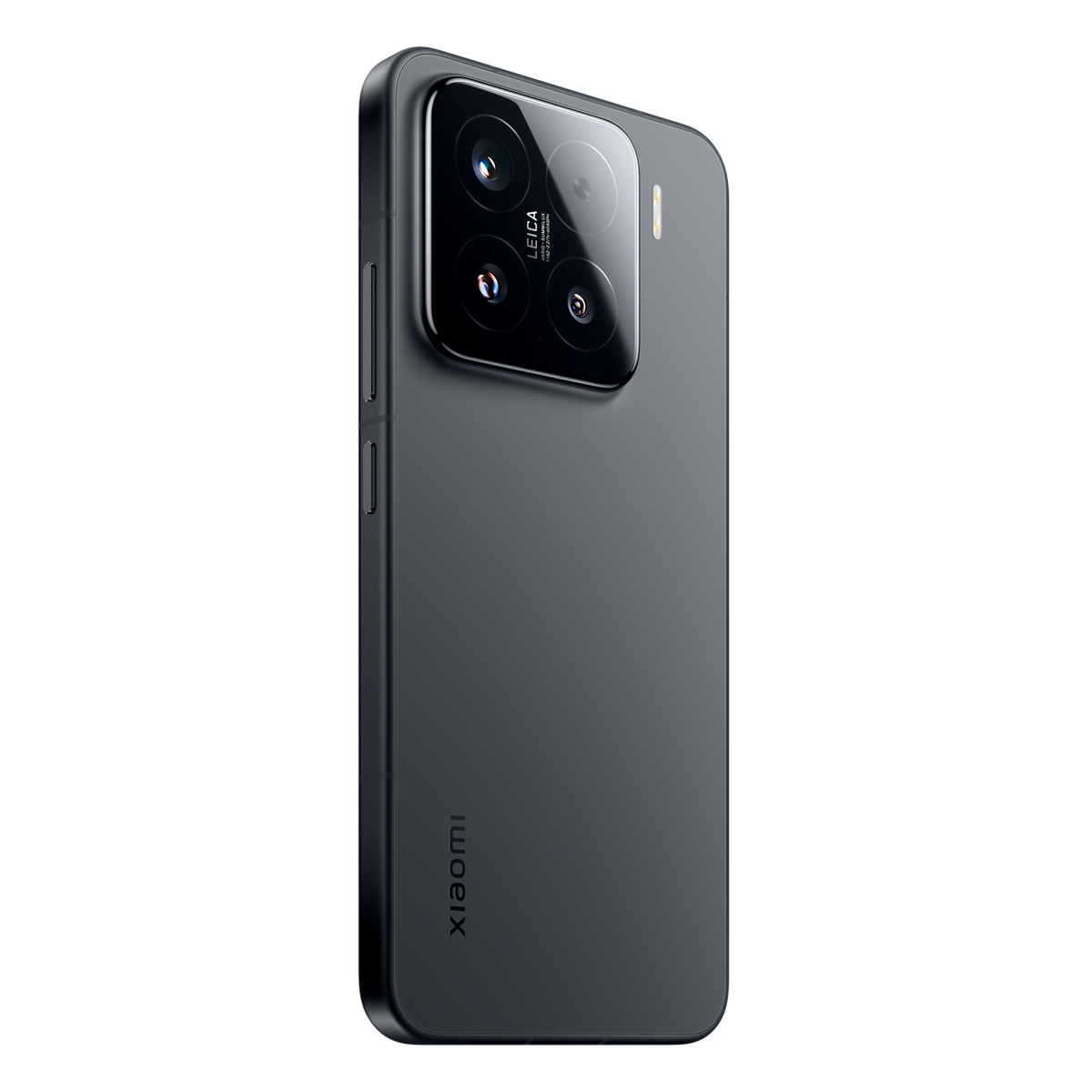 Czarny smartfon z potrójnym aparatem i logo Xiaomi na czarnym tle.