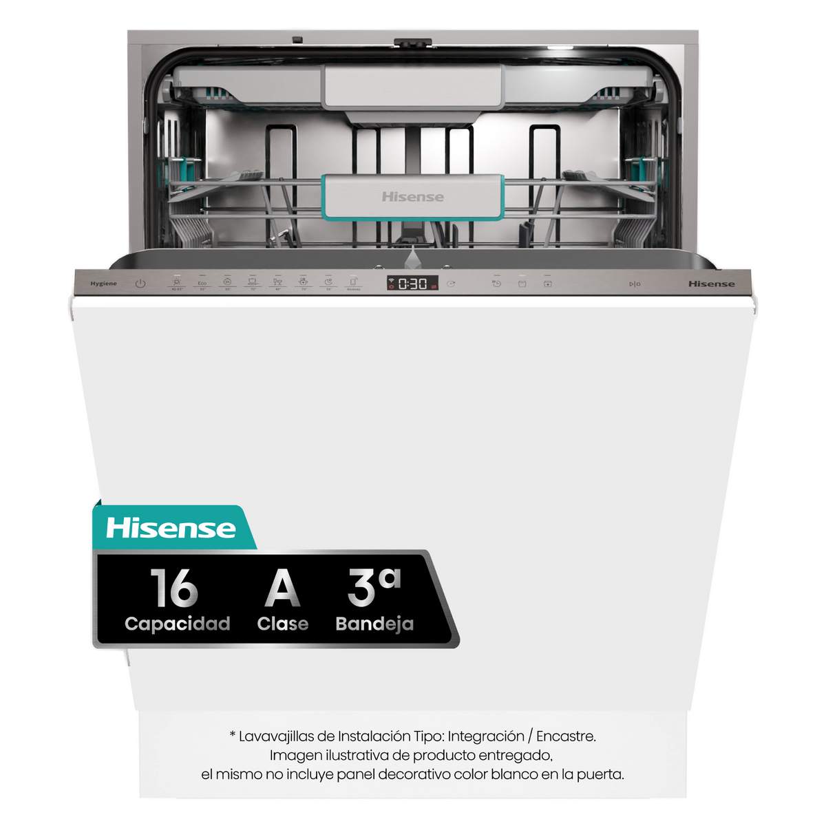 Zmywarka Hisense, biały przód, otwarte drzwi. Grafika pokazuje 16 pojemności, klasę A i 3. szufladę.
