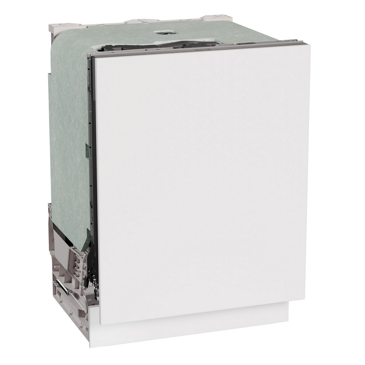 Biała zmywarka z otwartymi białymi drzwiami, odsłaniająca wnętrze i części.