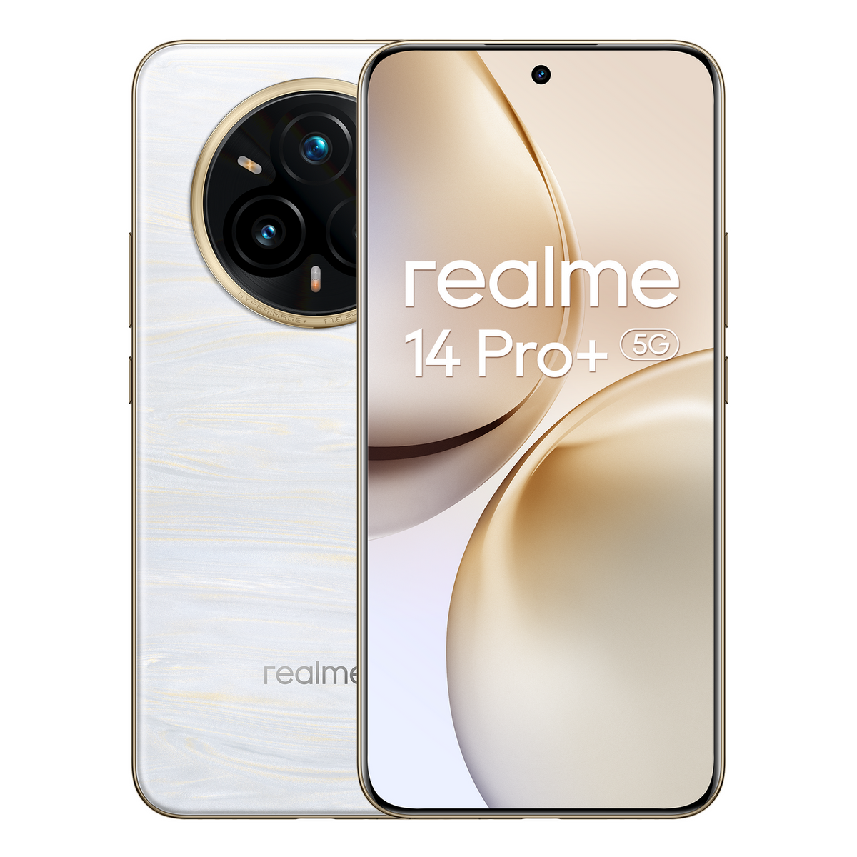Telefono Realme 14 Pro+ 5G. Retro bianco con dettagli dorati. Schermo mostra il marchio e il design.