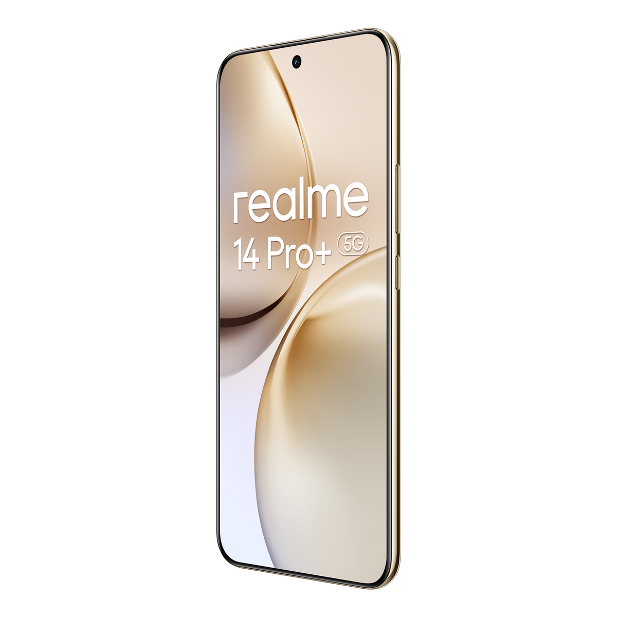 Uno smartphone dorato, realme 14 Pro+, su una superficie bianca. Lo schermo mostra uno sfondo sfumato.