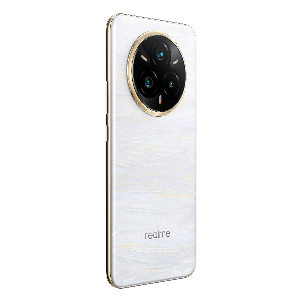 Smartphone bianco con grande modulo fotocamera, dettagli oro e logo Realme su sfondo bianco.