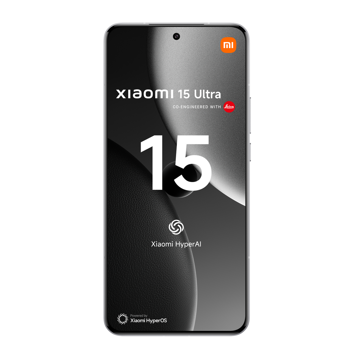 Smartfon Xiaomi 15 Ultra, widok z przodu, duży ekran, branding, gradient czarno-biały.