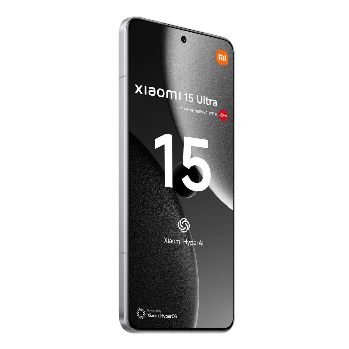 Telefon Xiaomi 15 Ultra, czarny i srebrny. Duża liczba 15 znajduje się na środku ekranu.