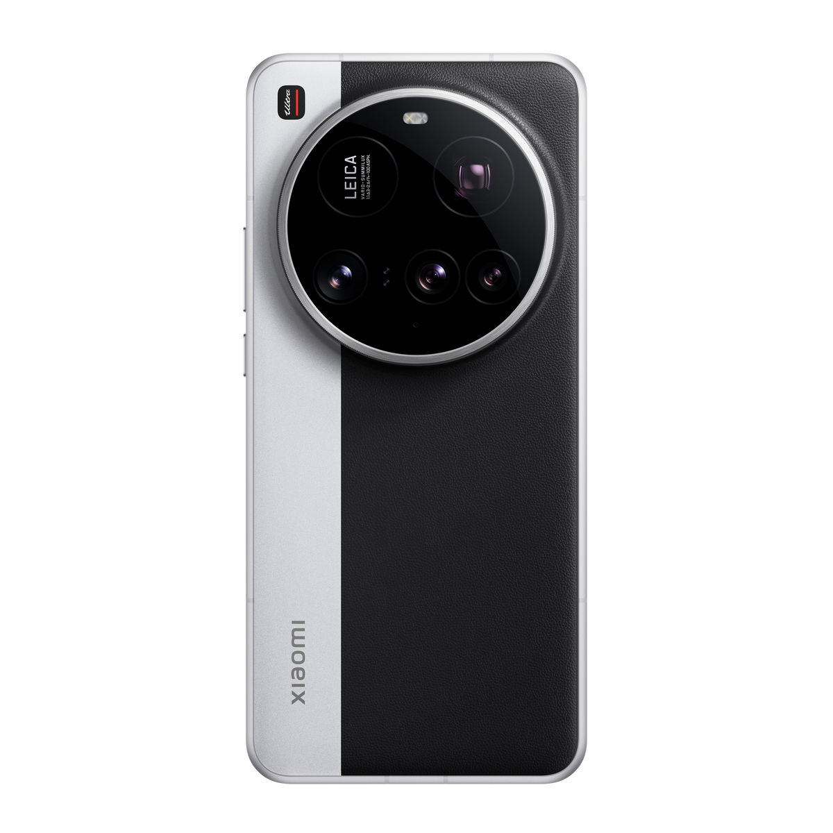 Czarny i biały tył telefonu Xiaomi. Posiada duże aparaty Leica i biały pasek pośrodku.