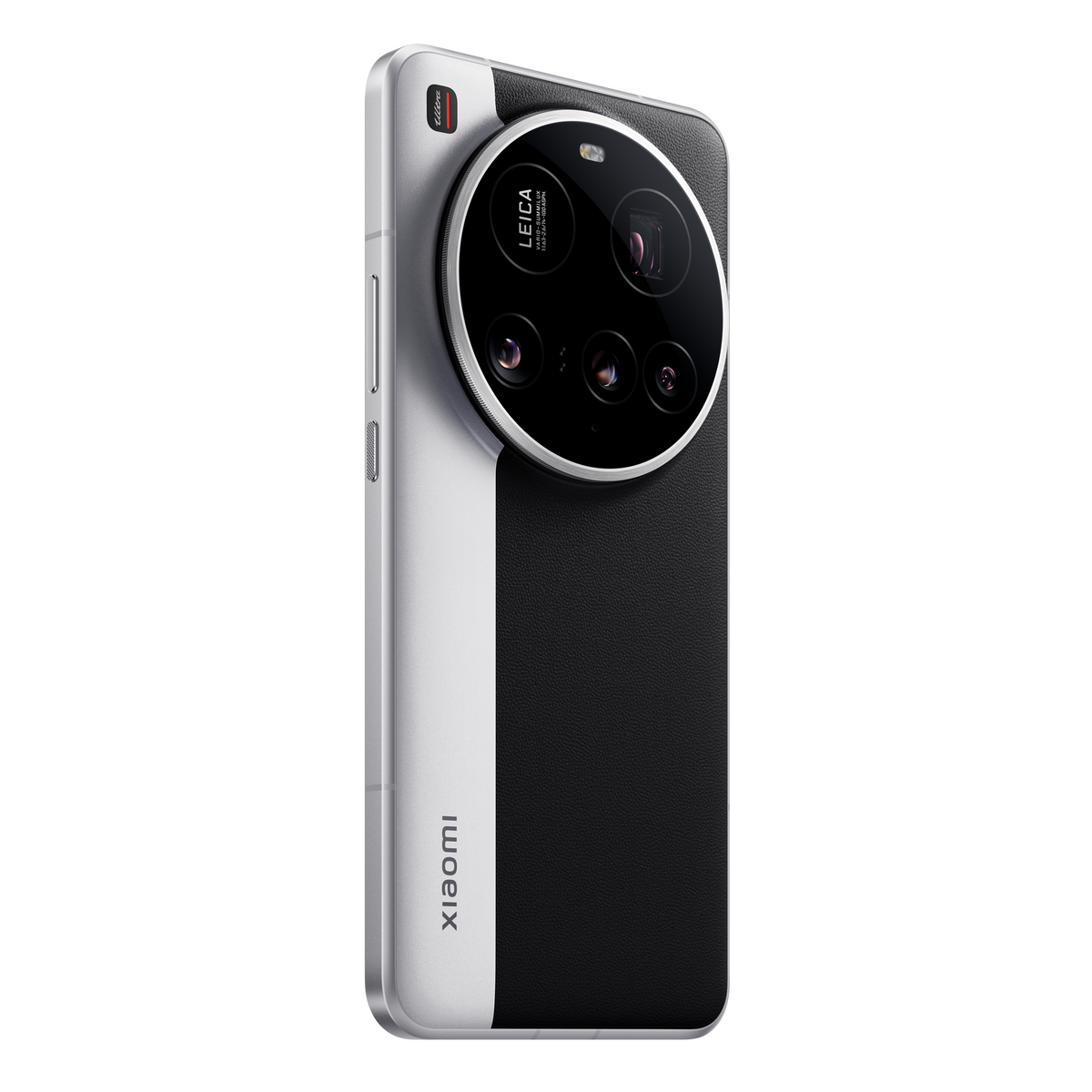 Biało-czarny telefon Xiaomi z dużym modułem aparatu z marką Leica, skierowany do widza.