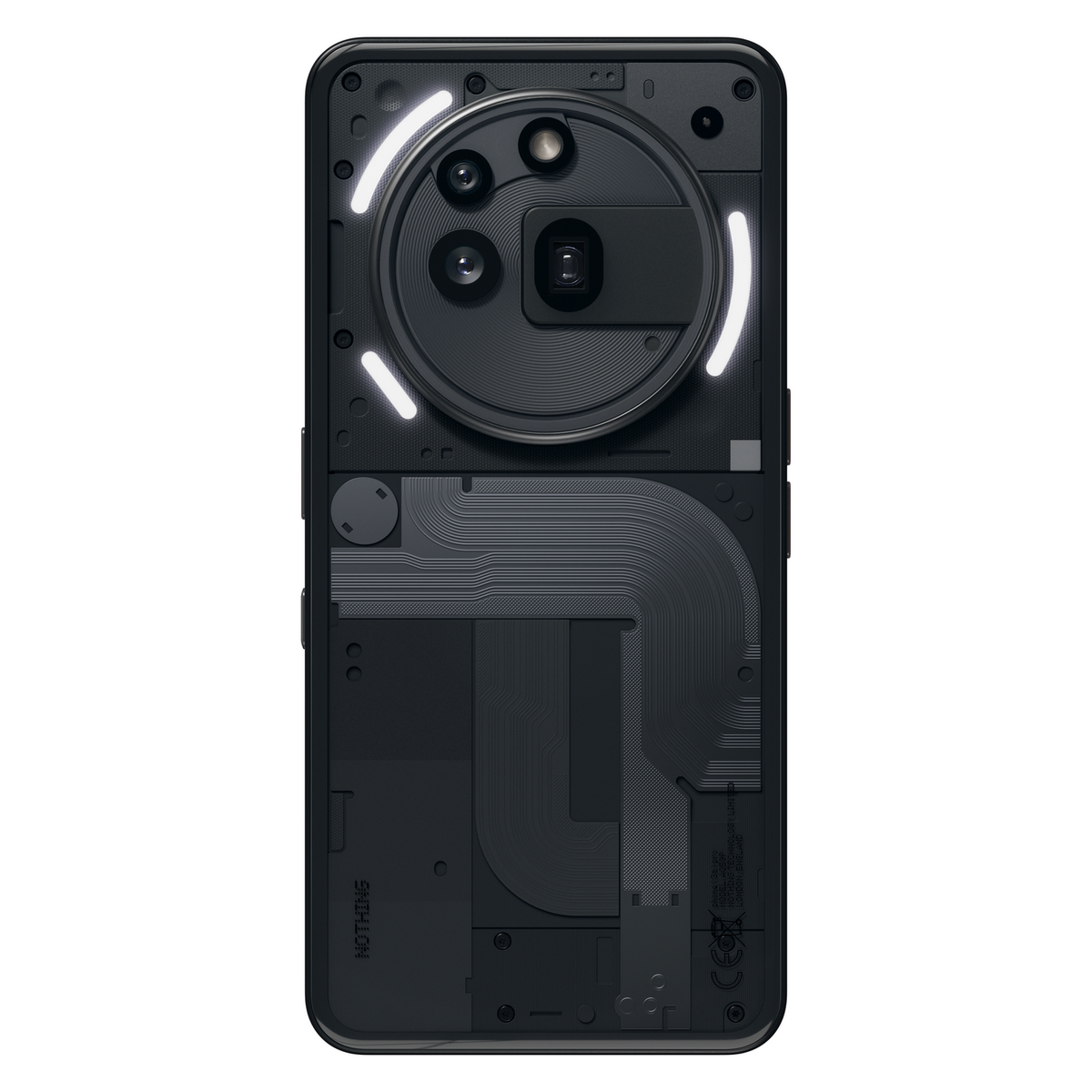 Parte trasera del teléfono, negra, con múltiples cámaras en círculo y luces alrededor. Marca Nothing.