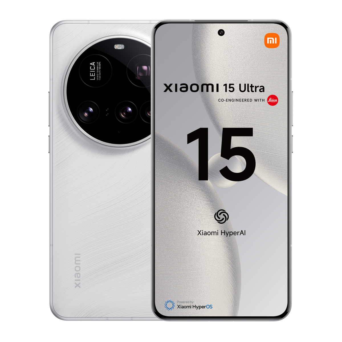 Teléfono Xiaomi blanco con cámara Leica. La pantalla muestra el número 15.