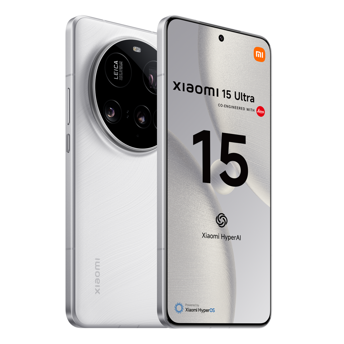 Smartphone blanco con cámaras Leica. La pantalla muestra el texto Xiaomi 15 Ultra. Fondo blanco.