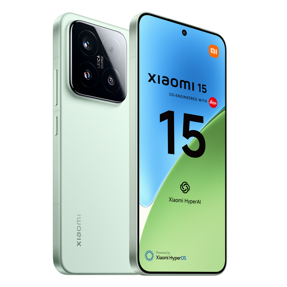 Zielony telefon Xiaomi 15 z interfejsem Xiaomi HyperOS. Aparat Leica z tyłu.