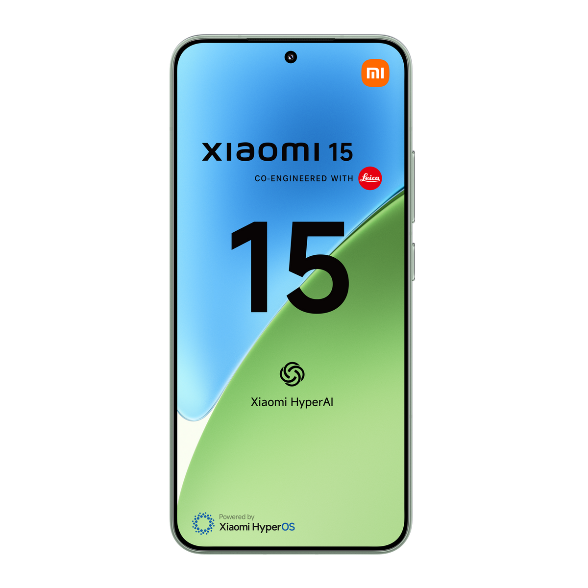Telefon Xiaomi 15, niebiesko-zielony design, z marką Leica.