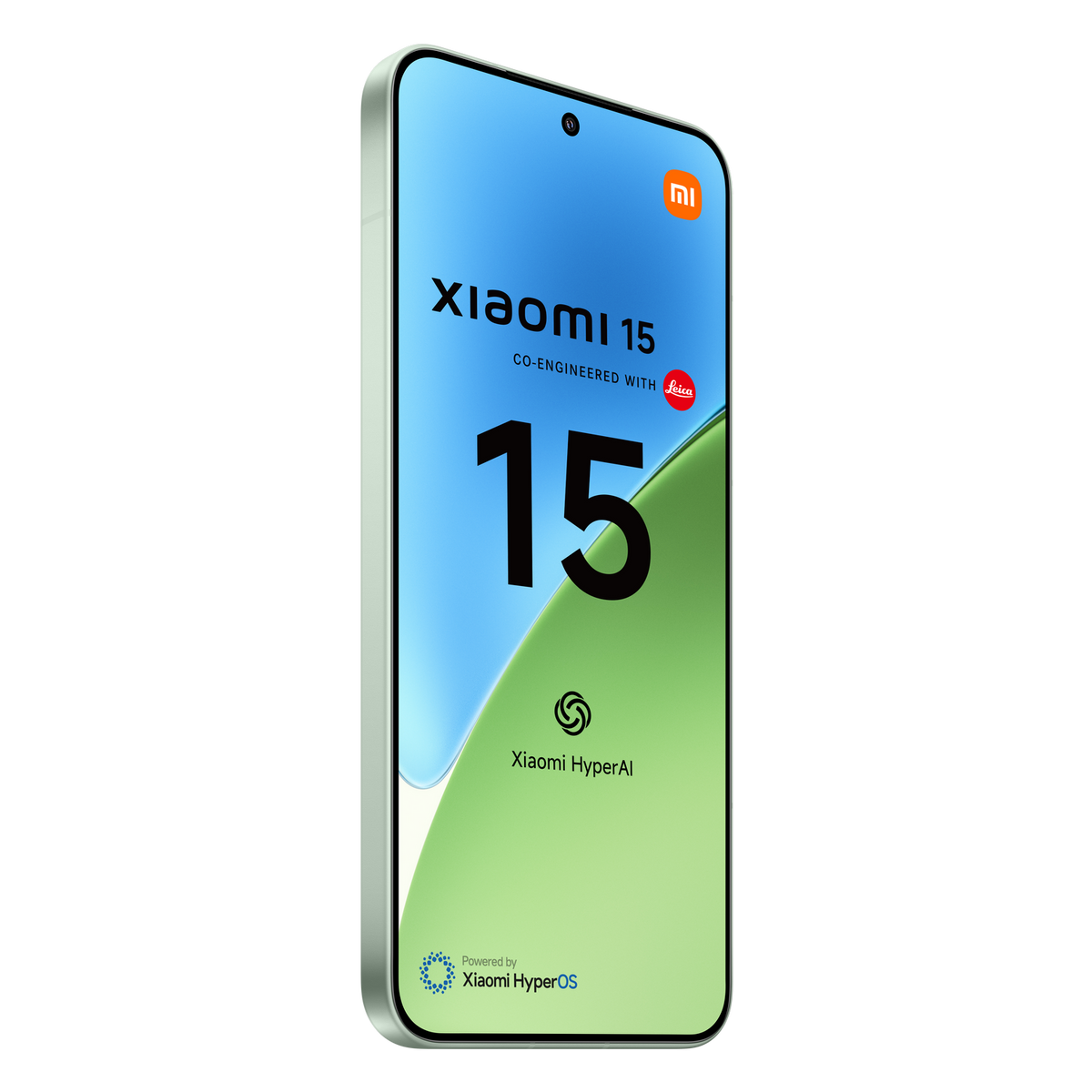 Smartfon Xiaomi 15, jasnozielona ramka, niebiesko-zielony ekran z tekstem i logo.
